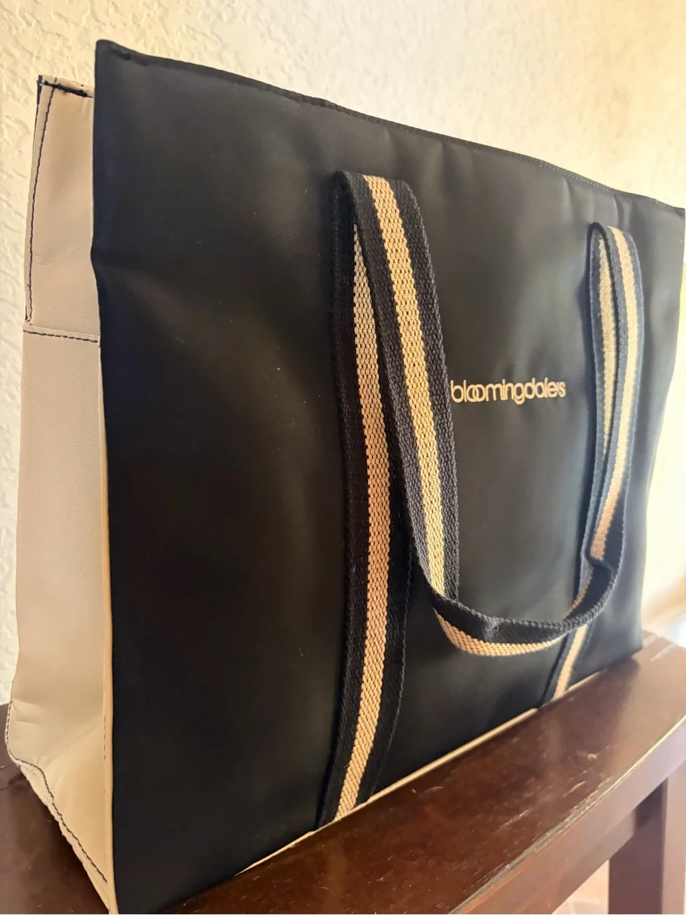 Bloomingdale's Navy Messenger Bag with Tan Stripe Handles